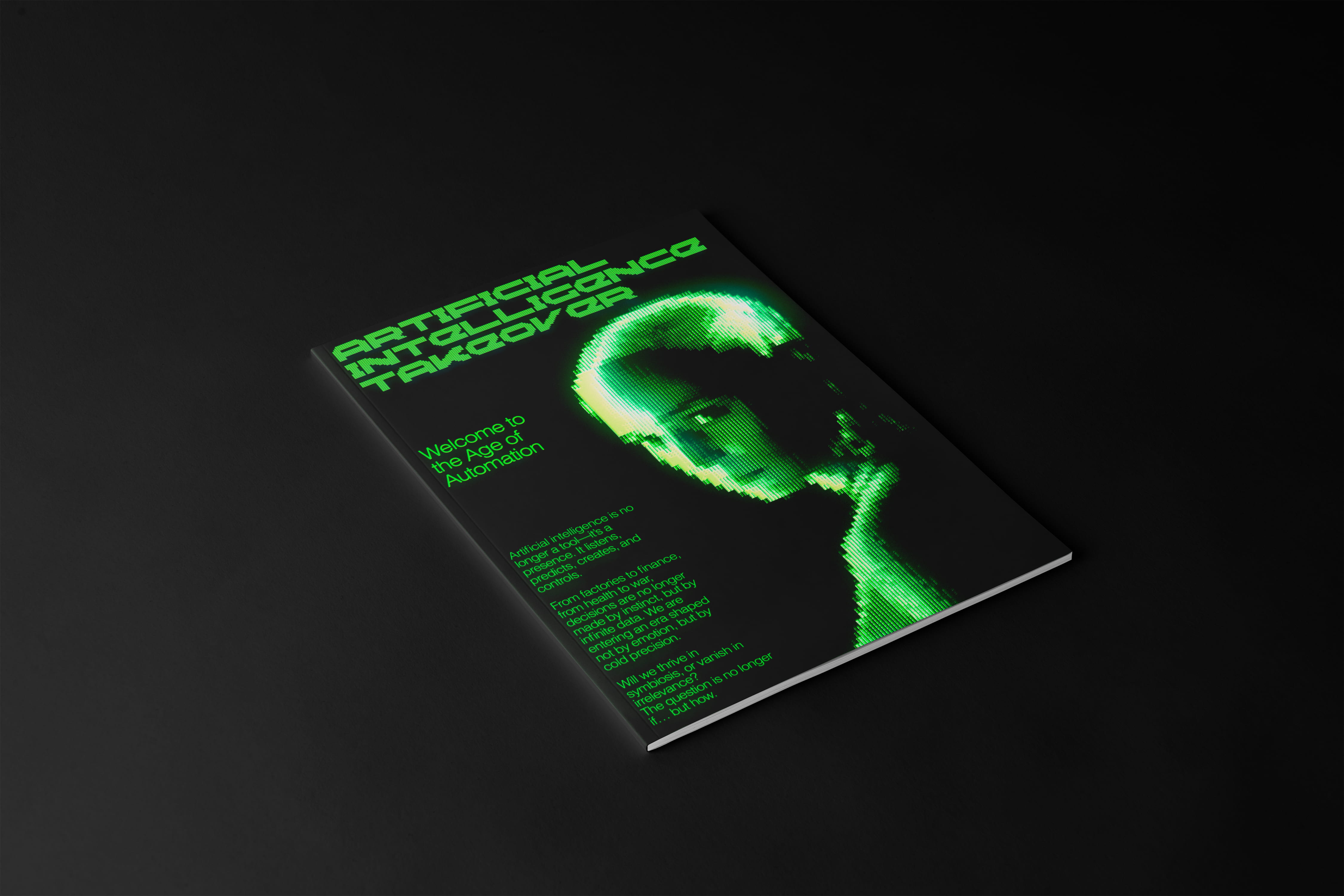 AI Takeover magazine cover — glowing green tones and pixelated portrait recalling early screens