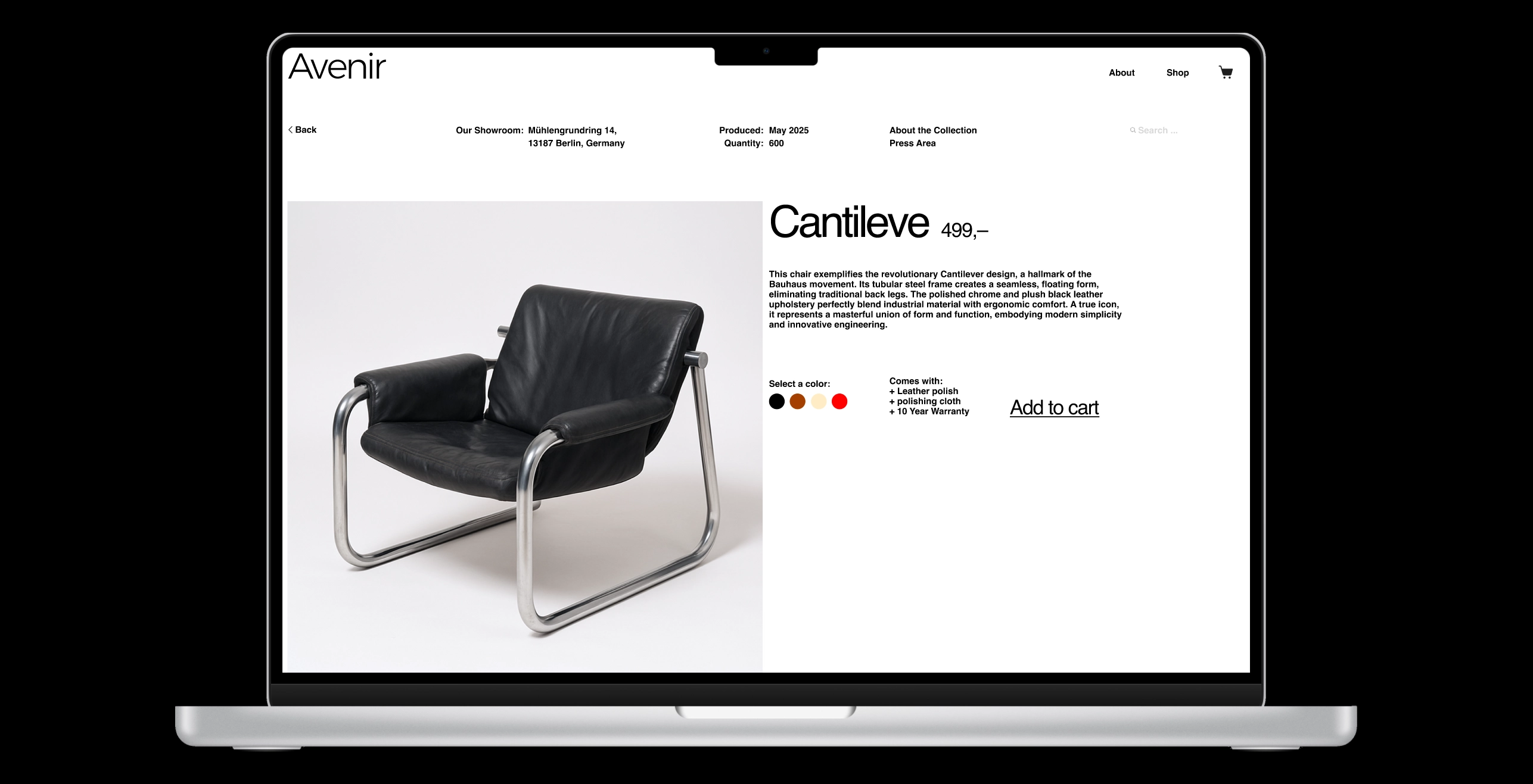 Avenir website mock-up — environmental showcase of design in use
