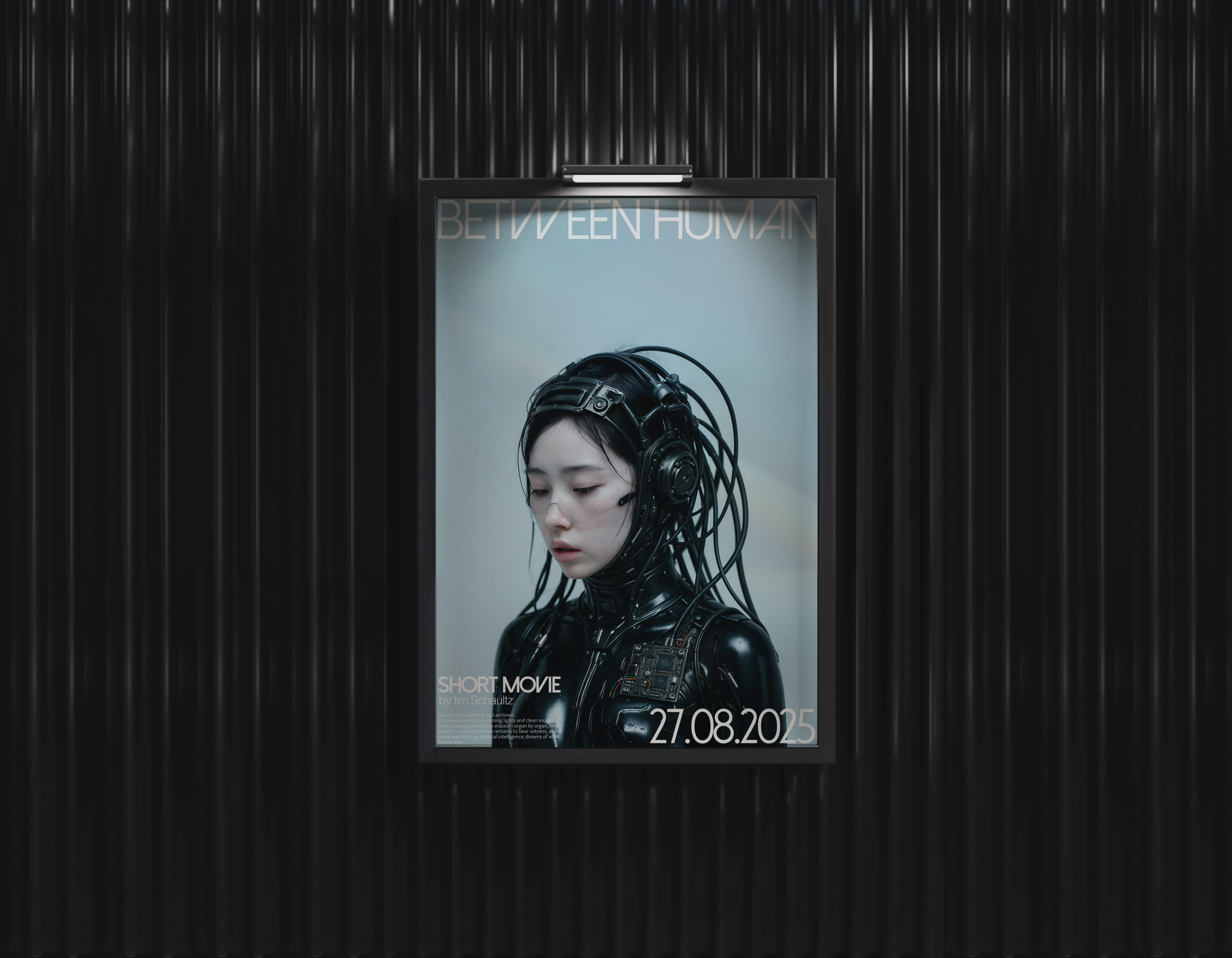 Between Human poster — futuristic design exploring the boundary between humanity and technology