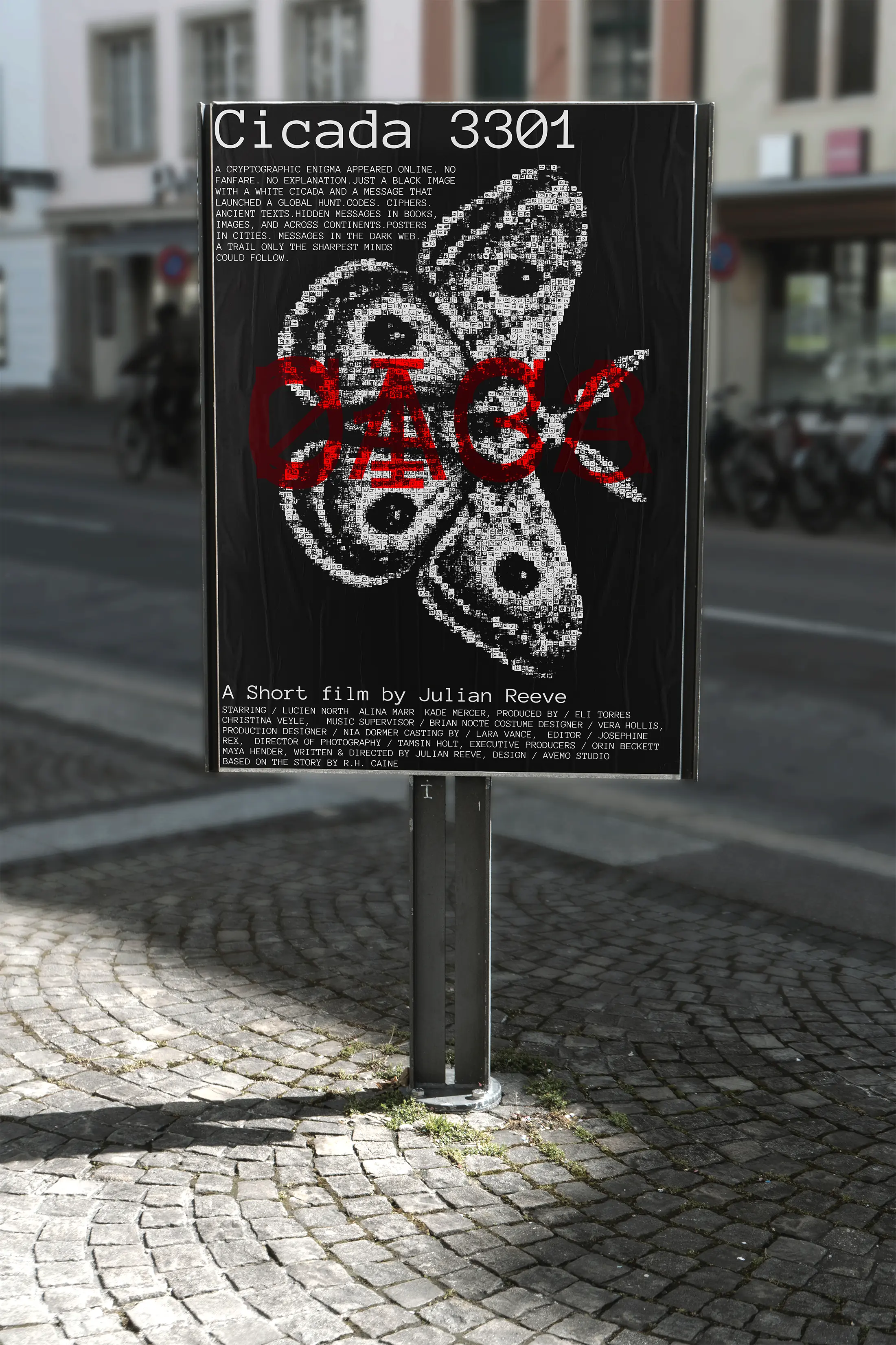Cicada 3301 poster design — pixelated cicada on black with bold red typography