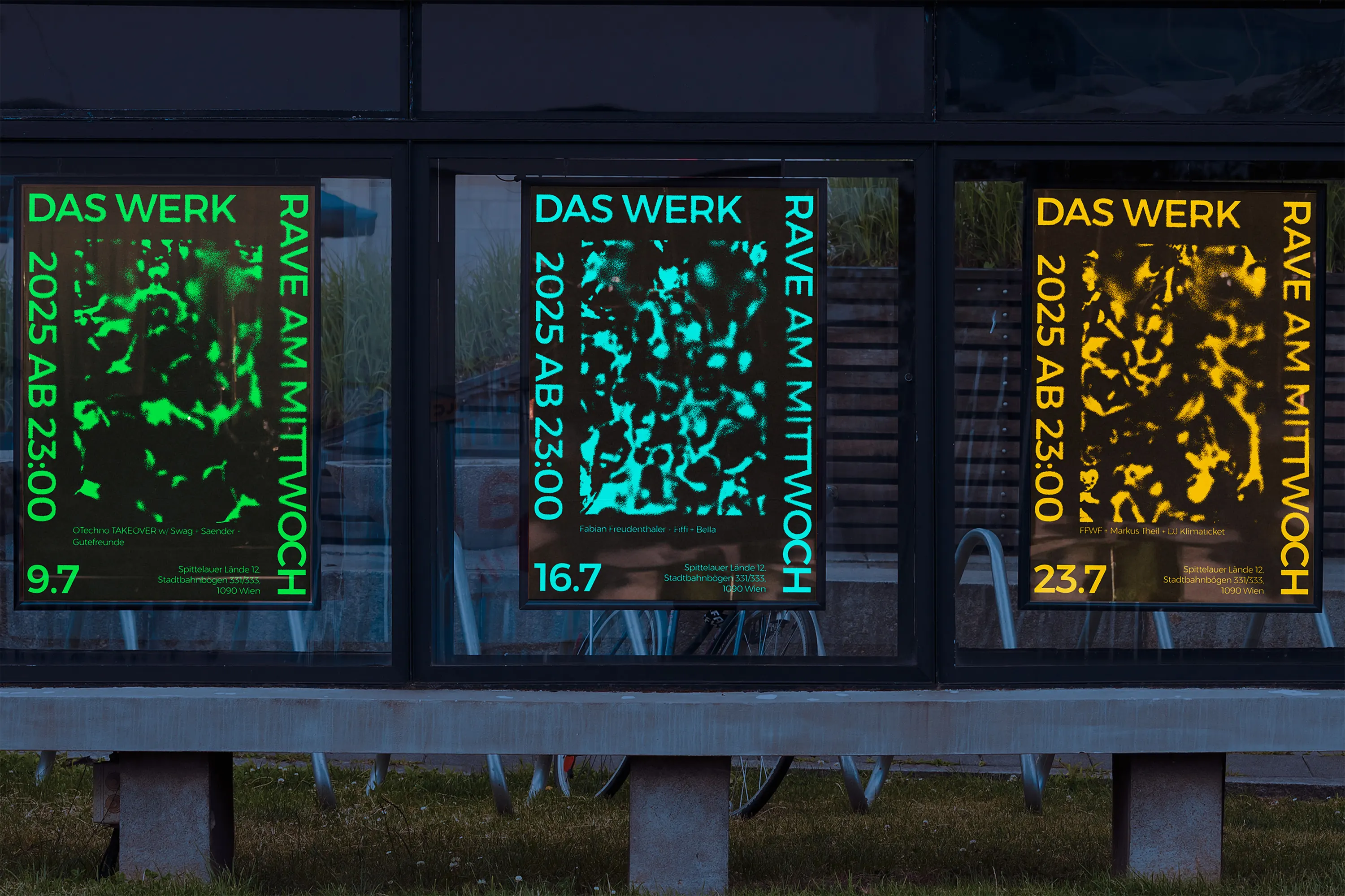 Das Werk campaign poster — distorted photo texture with neon typography