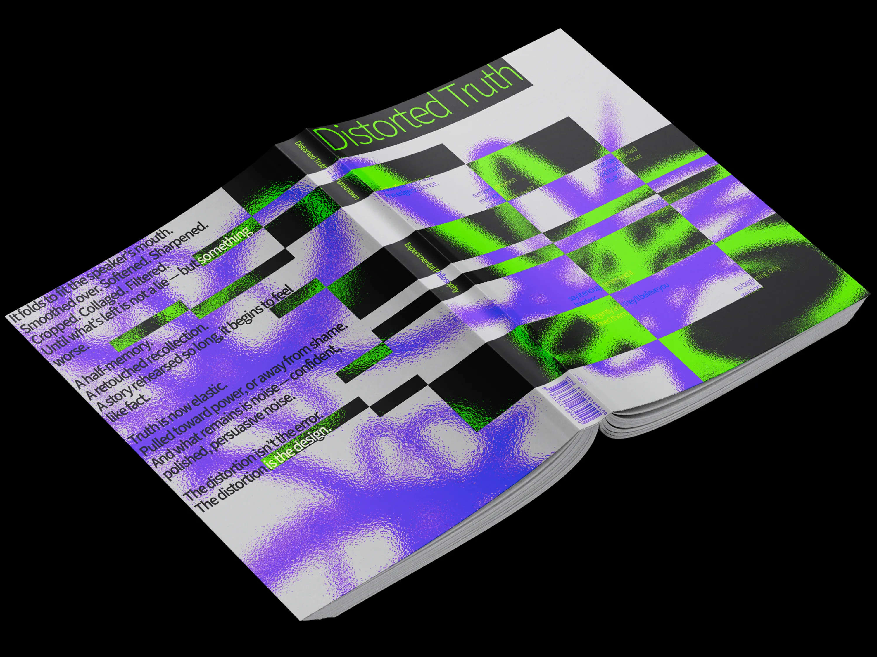 Distorted Truth book cover — glitch typography and chaotic color layout