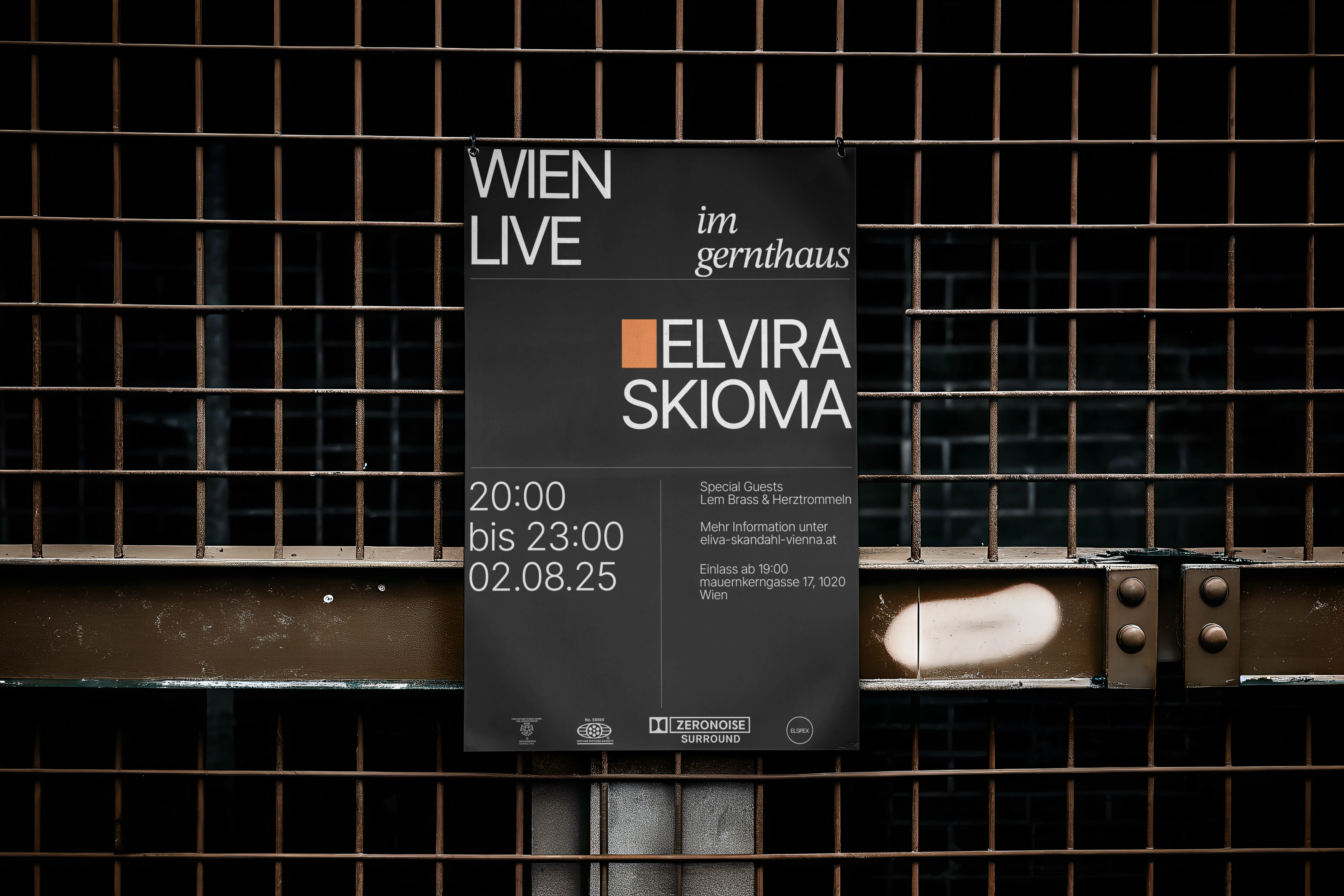 Elvira Skioma campaign poster — bold typography and orange accent