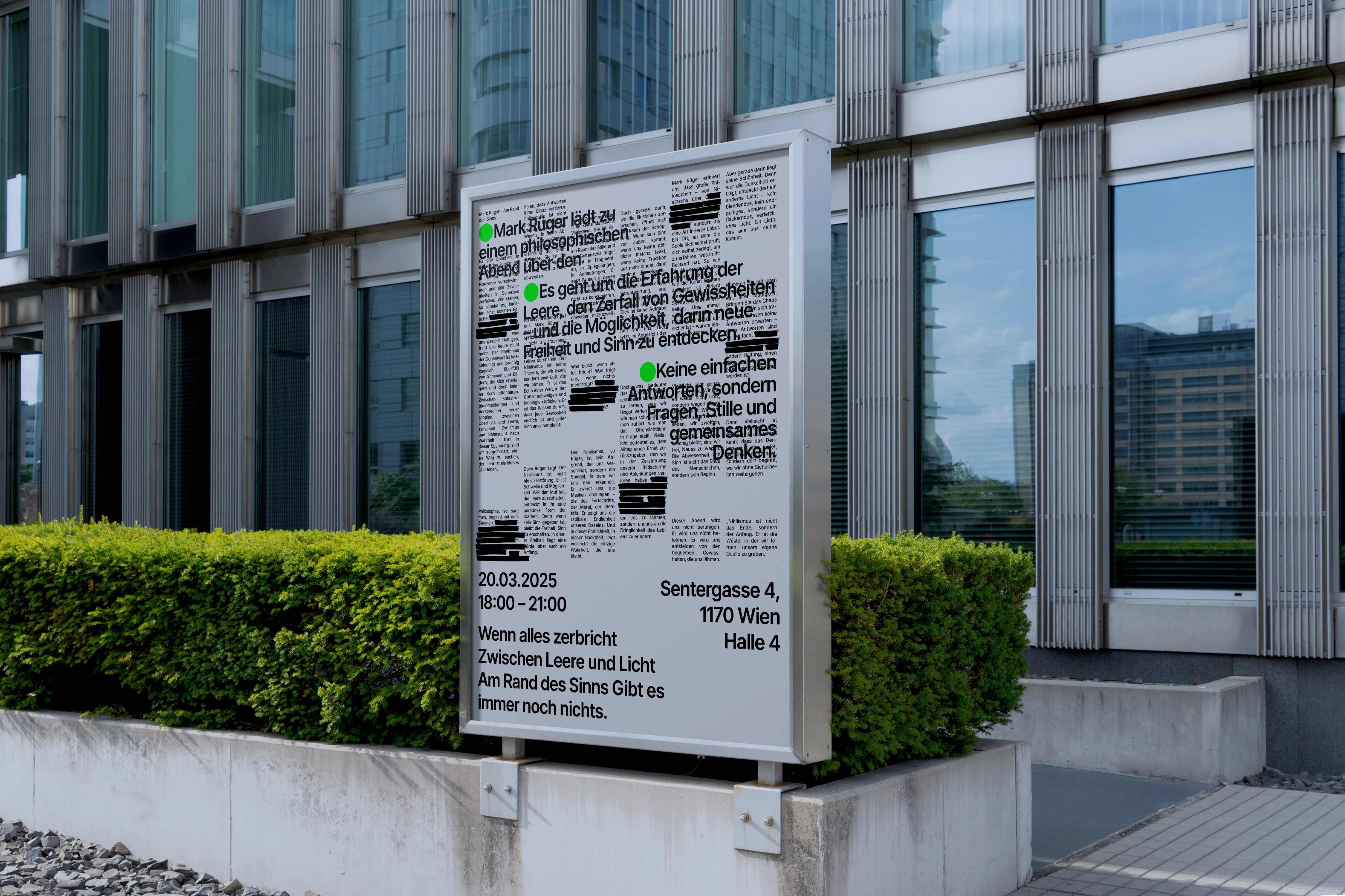 Mark Rüger poster design — fragmented text columns with green accent