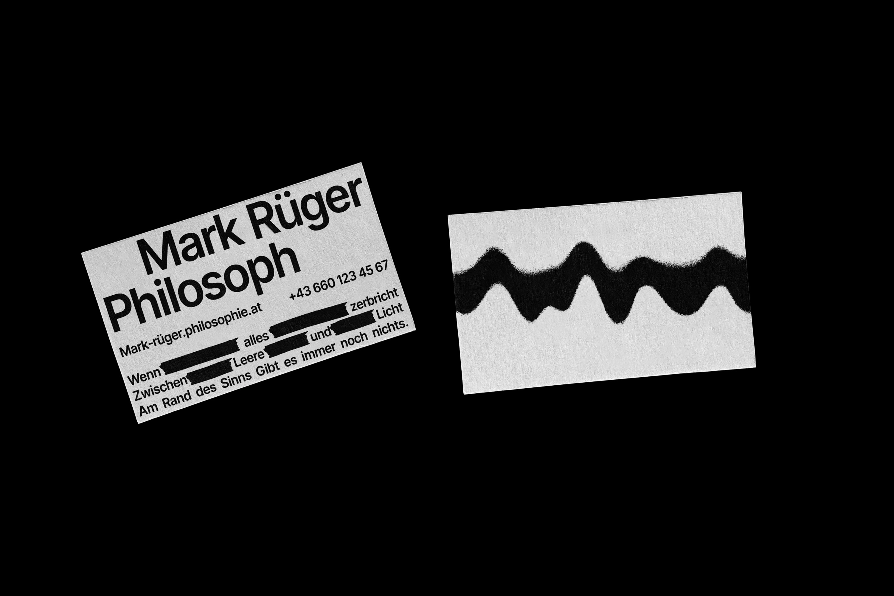 Mark Rüger business card — black with pulsing green line detail