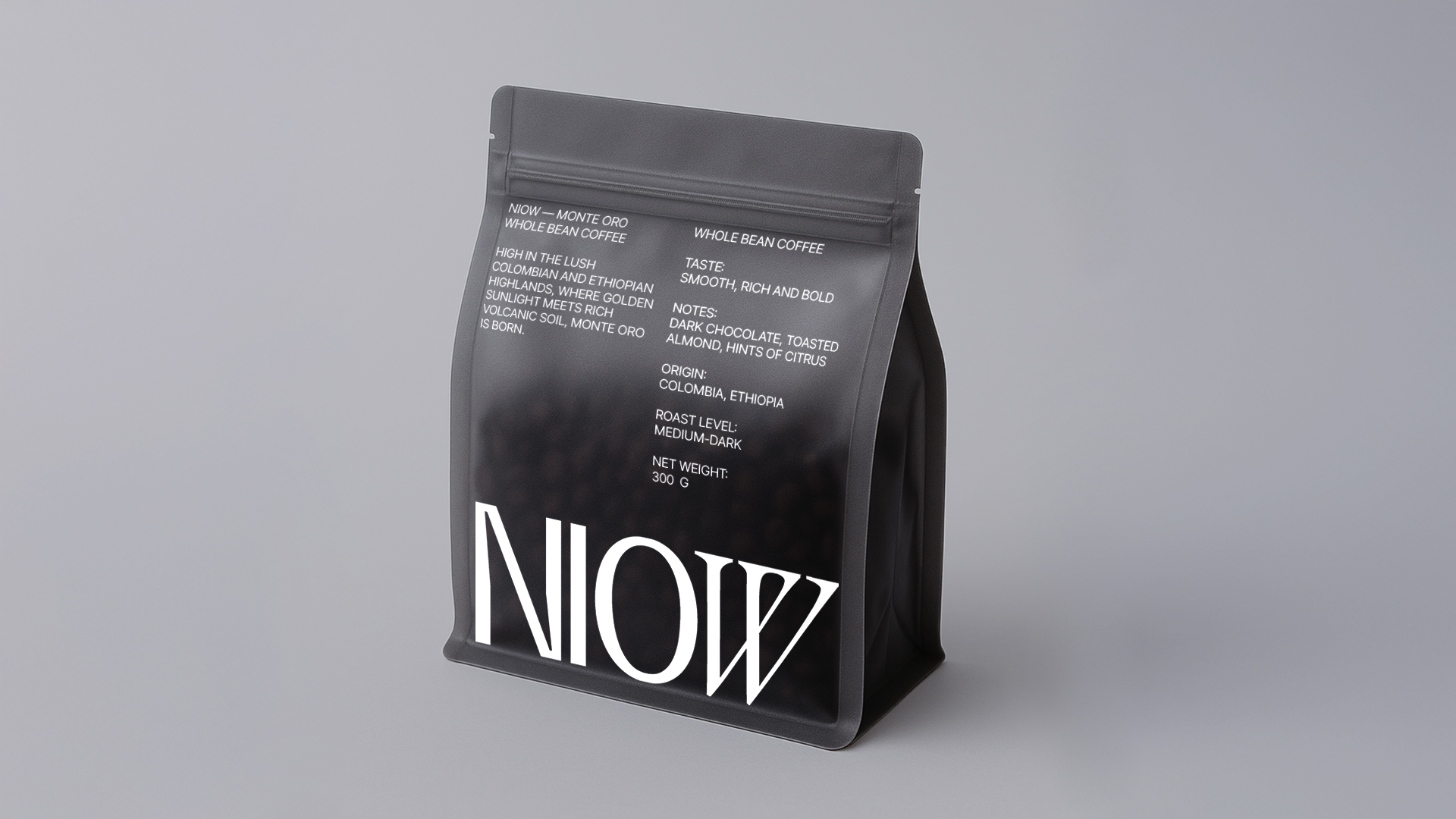 Niow Coffee packaging — translucent blurred bag with serif logotype